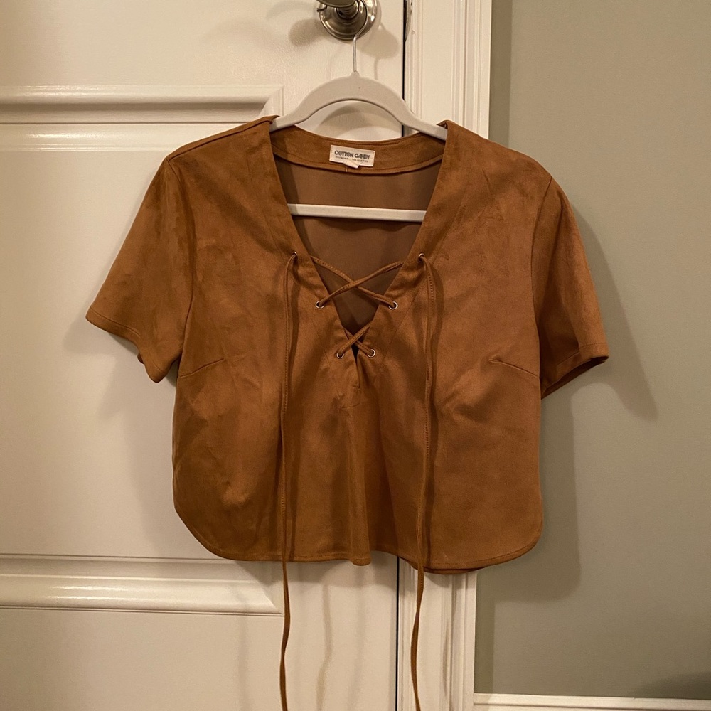 Faux suede lace up front shirt